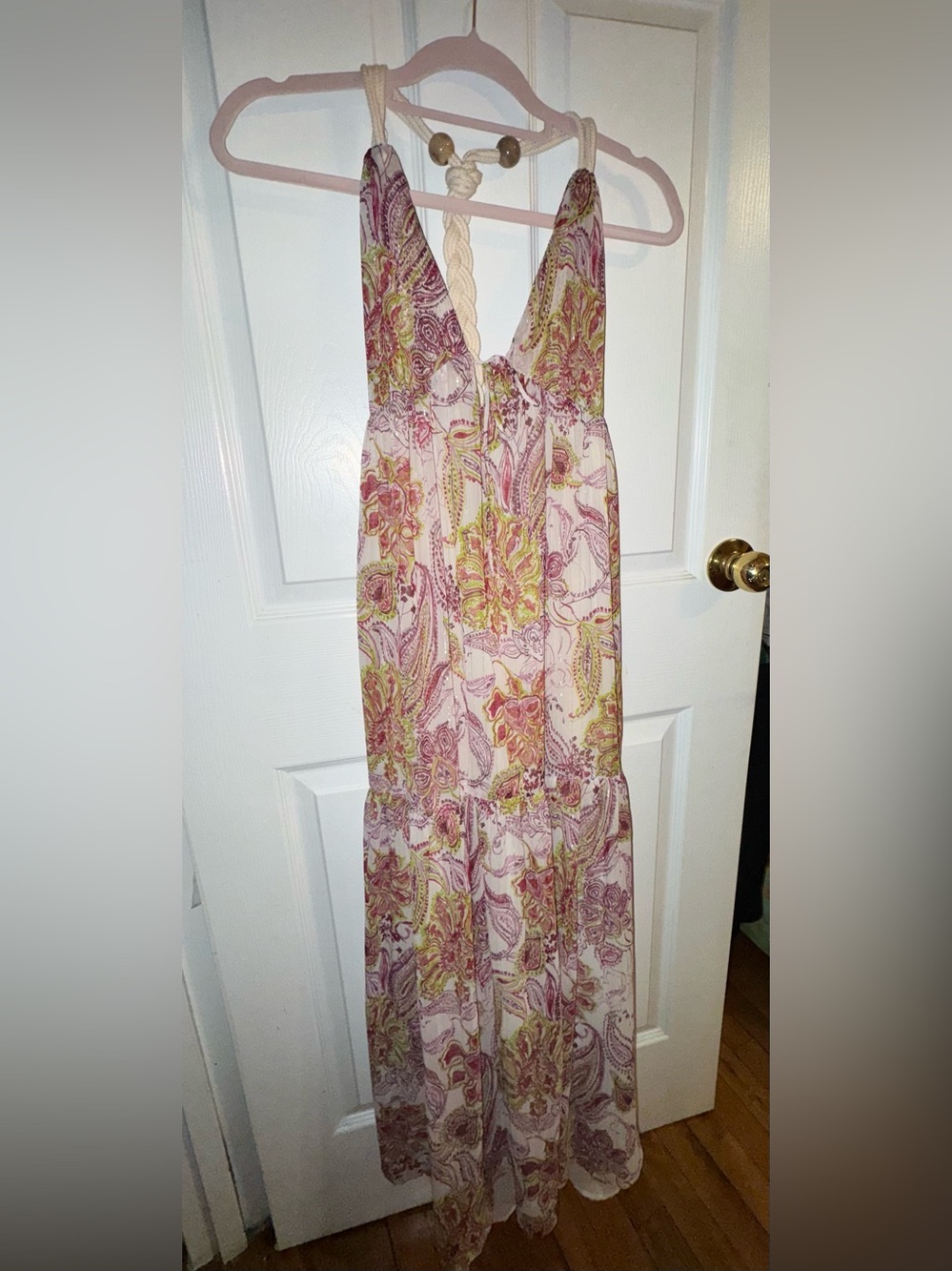Zara Pink Paisley Halter Maxi Dress with Green Accents